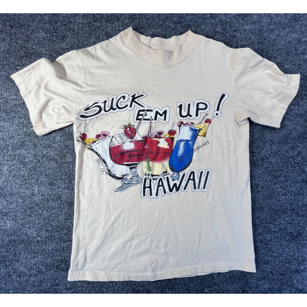 Vintage Hawaii Shirt S Mens Beige Suck EM UP Club Cocktail Single Stitch 80s